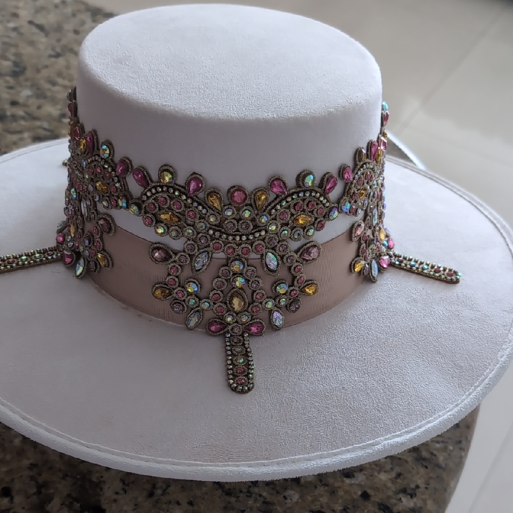 Embellished White Hat with Multicolor Accents